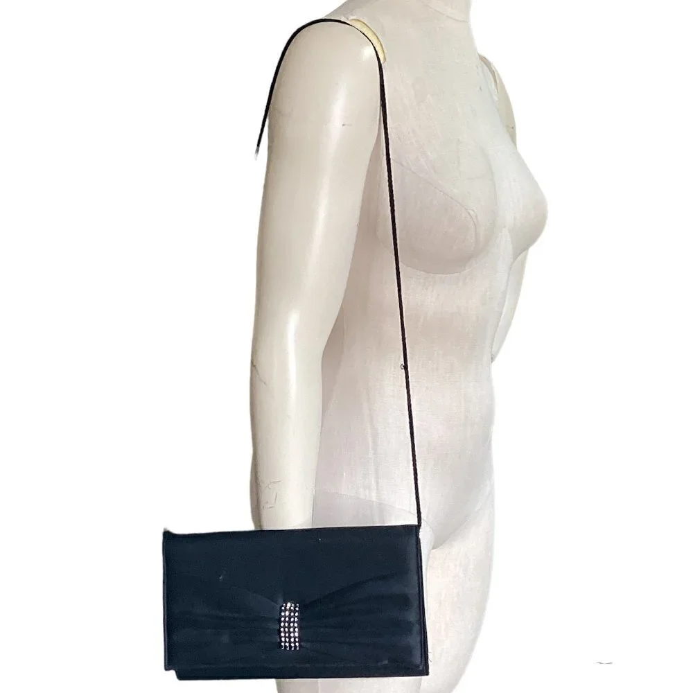 RR Rizman Ruzaini Black Satin Evening Purse Clutch Shoulder Bag Rhinestones 159N